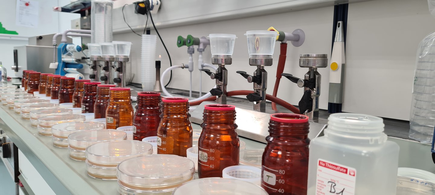 Eine Reihe von braunen Glasflaschen und Petrischalen auf einem Labortisch.